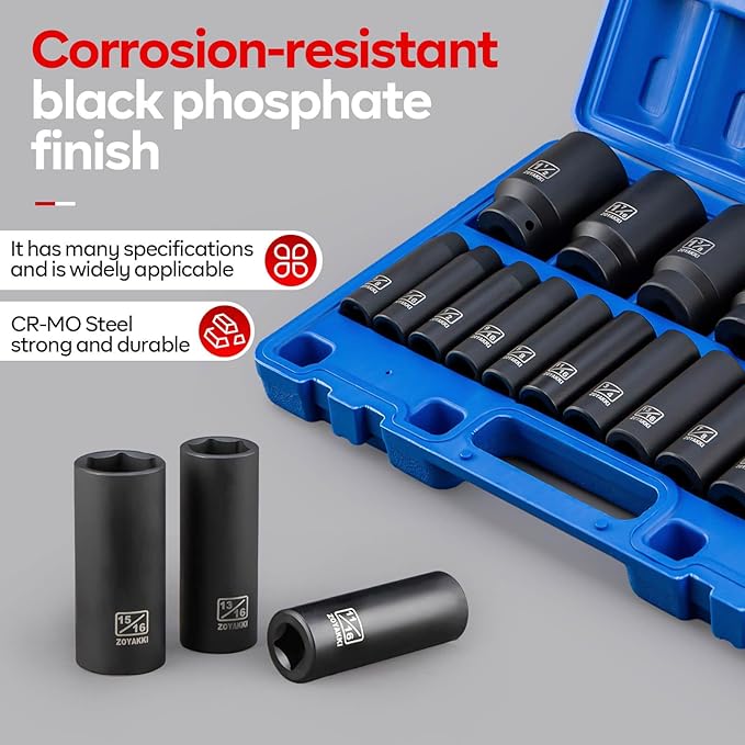 19 PCS 1/2" SAE Impact Socket Set,Deep Sockets (3/8 to 1-1/2inch) Assortment,6 Point Cr-MO & Alloy Steel,Enhanced Storage Case,Suitable for Auto Repair