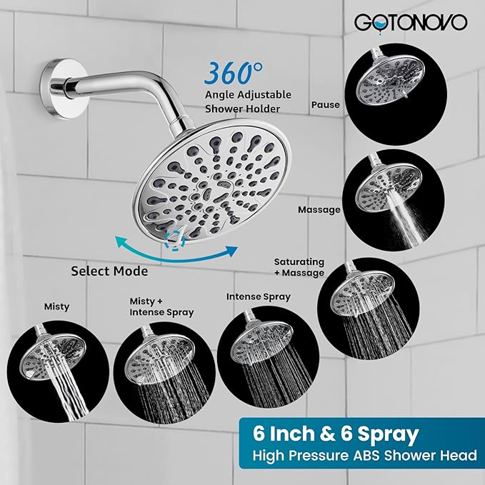 gotonovo Tub Shower Faucet Set Shower Head and Handle Set 6 Modes 6 inch Bathroom Trim Kit with Tub Spout High Pressure Shower System Combo with Valve Round Showerhead Polished Chrome
