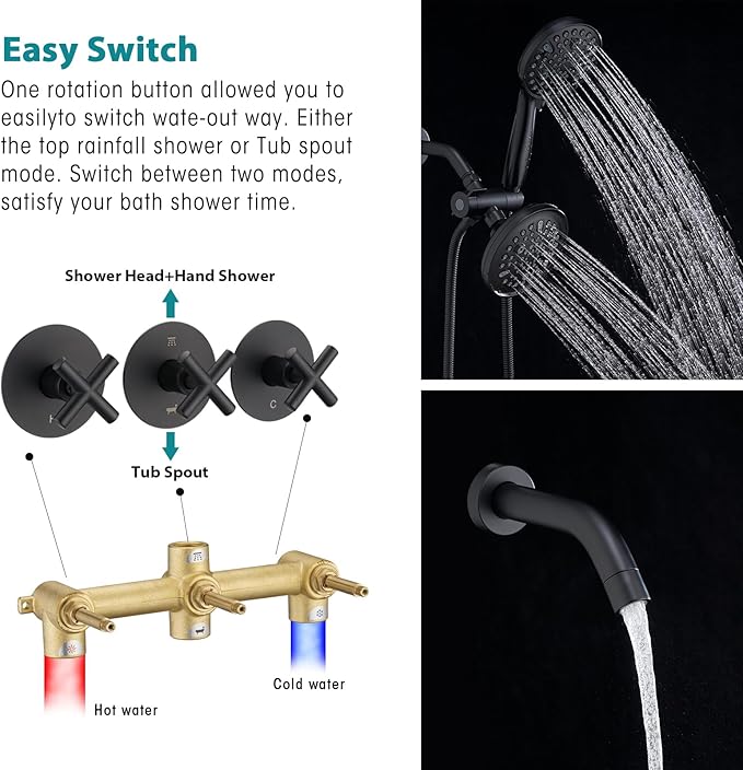 PROOX 3 Handle Tub Shower Faucet Set, Dual shower head Combo with Tub and Shower Trim Kit with Rough-in Valve, Matte Black Bathtub Shower Faucets, Wall Mounted Bathroom Rain Shower System