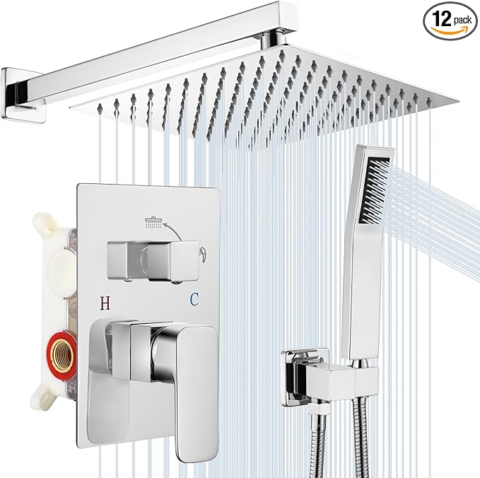 Rainfall Bathroom Shower System, 10-Inch Rain Shower Head and Handle Set, Wall Mounted Dual Shower Combo, All Metal Decorative Shower Luxury Kit Chrome (with Shower Valve)