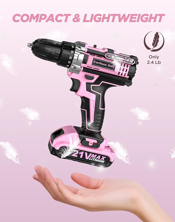 Pink Cordless Drill Set, 21V Electric Power Drill for Women, Lightweight Electric Screwdriver Driver with Power Pack & Charger, 2 Speed, 3/8" Keyless Chuck, 27 Pcs Womens Tool Kit for Home DIY & House