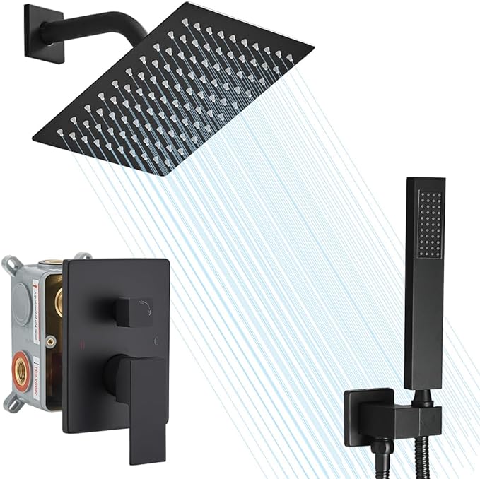 Shower Faucet Set Rain Shower System Matte Black with High Pressure 8-Inch Shower Head Handheld Square Shower Head Bathroom Luxury Rain Shower Faucet Shower Complete Combo Kit Wall Mounted