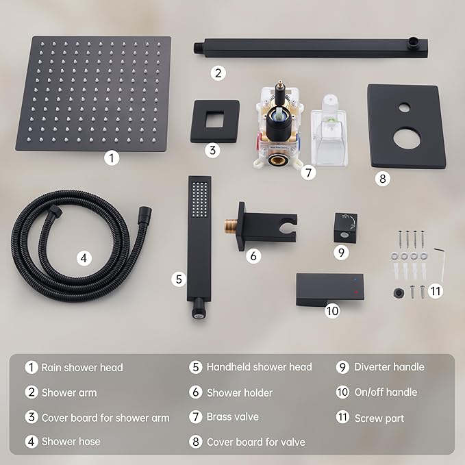 Alesco Shower Faucet Set, Black Shower System with 12-Inch High-Pressure Rainfall Showerheads and Handheld Spray combo, Showerfixture Include Valve and Trim Kit, Matte Black
