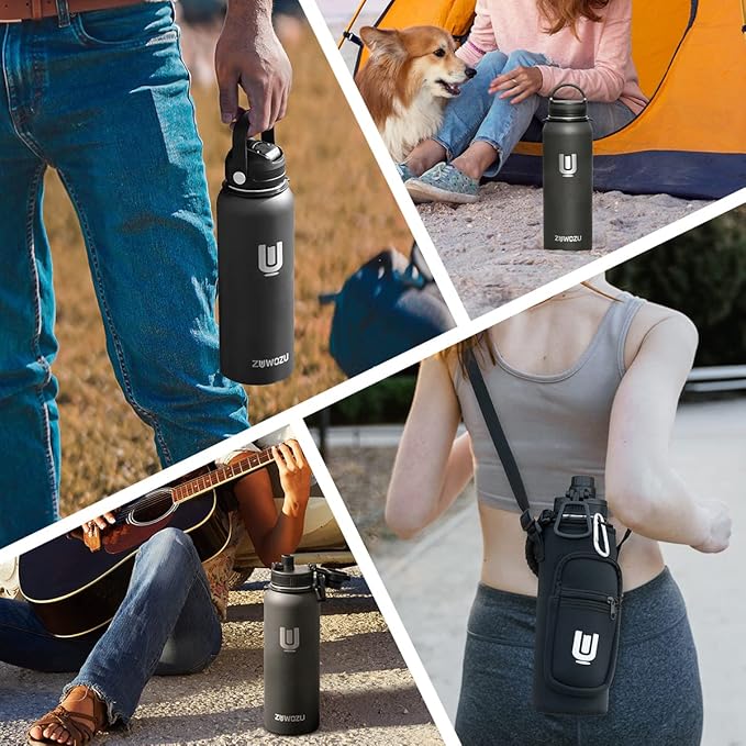 Water Bottle with Strap, 40oz Insulated Stainless Steel Water Bottle with Straw, Spout Lid & Handle, Metal Flask Jug with Carrier Bag, Great for Hiking, Sports & Gym, Black