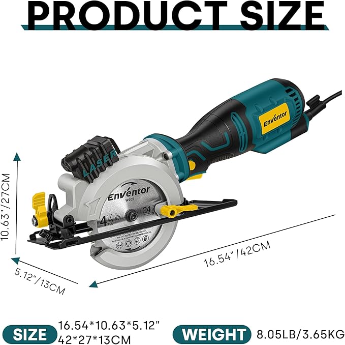 Enventor Mini Circular Saw, 5.8A 4-1/2" Electric Circular Saws with 6 Saw Blades, Laser Guide, Max Cutting Depth 1-11/16"(90°), 1-1/8"(45°) for Soft Metal, Wood, Tile, Drywall, Plastic Cutting