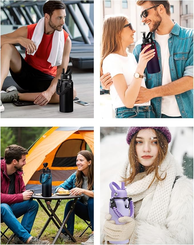 32oz Water Bottle with Straw - Spout Lid, Sweat-Proof Insulated Water Bottles 32 OZ, Wide Mouth Vacuum Insulated Water Bottle with Strap Carrier, Protective Boot & Paracord Handle Reusable Metal Flask