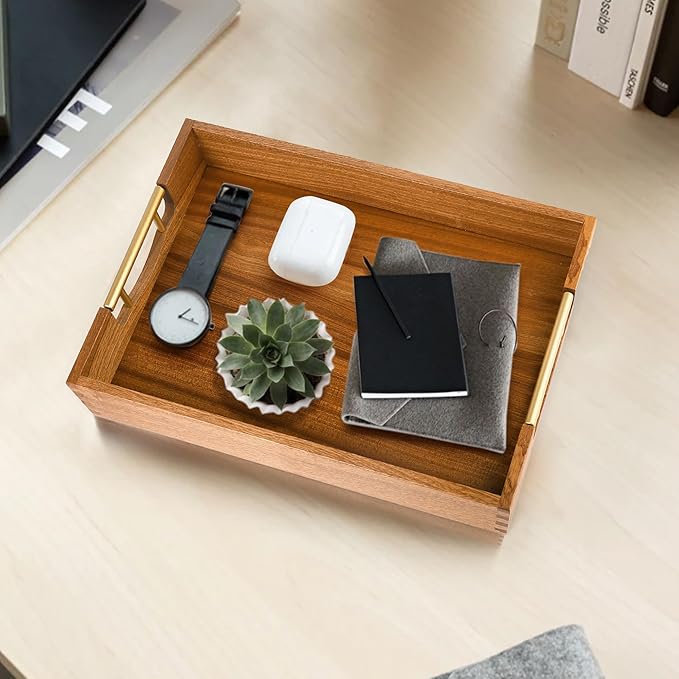 LotFancy Wood Serving Tray with Metal Handles, 17x13 Inch, Large Ottoman Tray, Decorative Wooden Tray for Living Room, Ottoman, Coffee Table, Countertop Centerpiece