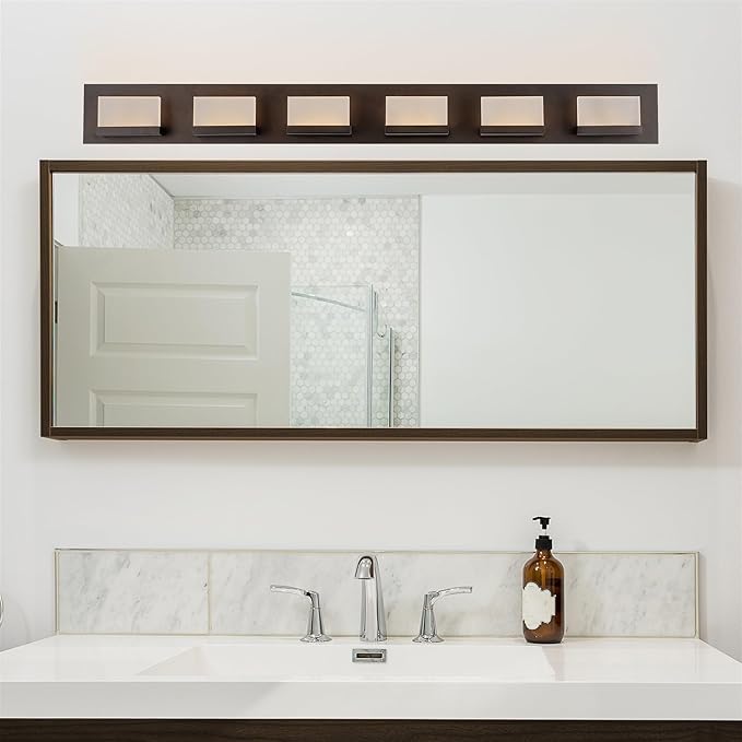 Kira Home Everett 48" Modern 6-Light 60W Integrated LED (360W eq.) Bathroom/Vanity Light, Rectangular Acrylic Lenses, Energy Efficient, Eco-Friendly, 3000k Warm White Light, Oil Rubbed Bronze Finish