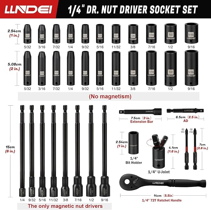 LLNDEI 1/4" Drive Socket Set & Nut Driver Set 38PCS,1/4-Inch Sockets Deep&Shallow SAE 5/32" to 9/16"? with Ratchet, Hex Shank 6" Long Nut Drivers(1/4" to 9/16") for Drill Bits(PH1 PH2)