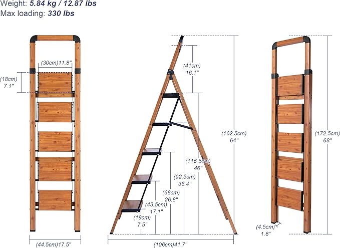 Step Ladder Folding 5-Step Ladders Aluminum Woodgrain Finish Step Stool Anti-Slip Portable Sturdy for Home & Kitchen Office 330 lbs
