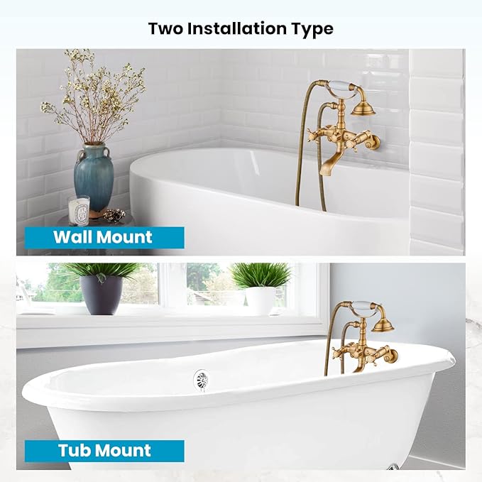gotonovo Clawfoot Bathtub Faucet Tub Filler with Hand Held Shower Faucet Set Victorian Double Cross Handle 6 Inch Center Adjustable Swing Arms Tub Mount Short Adapter Antique Brass