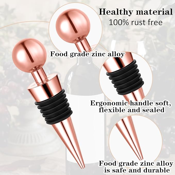 4 Pcs Rose Gold Wine Stoppers Cork Wine Bottle Stoppers for Beverage, Reusable Silicone Vacuum Wine Bottle Corks Stainless Steel Wine Stopper for Glass Bottles Party Wedding Bar