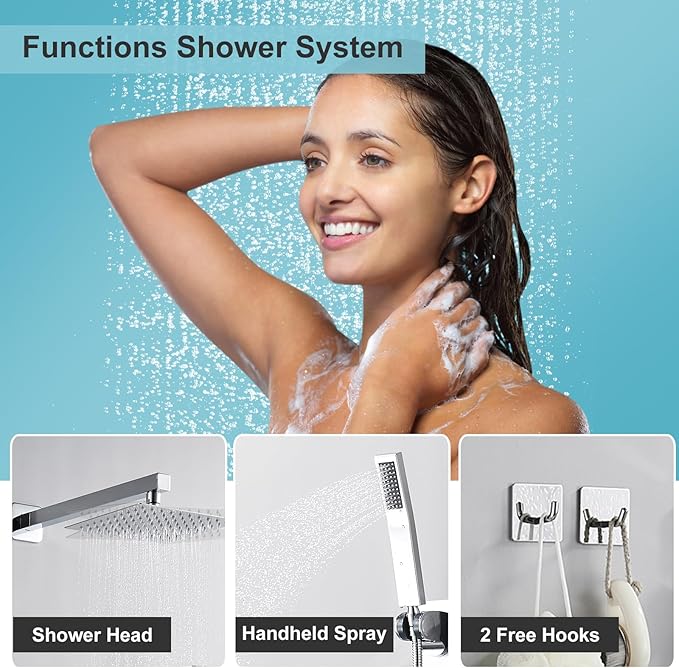 Chrome Shower System 8 Inch, Rain Shower Head with Handheld Spray, Luxury Rain Shower Set Square Wall Mount for Bathroom with Rain Shower and Handheld Shower System