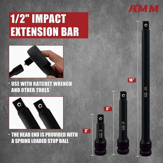AMM 1/2" Drive Deep Impact Socket Set, 35-Piece Socket set SAE 3/8 to 1-1/4 inch and Metric 10-24mm Size, Includes Extension Bars, Universal Joint and Adapter, 6 Point Design,Cr-V steel