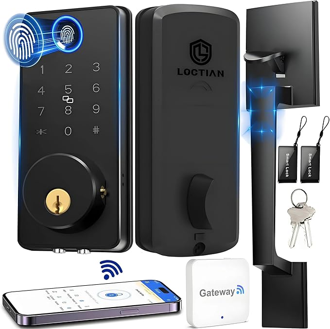 WiFi Smart Keyless Entry Door Lock Set w/Front Door Handle, 0.1s Fingerprint Biometric Unlock, APP/Passcodes/Cards Control, Auto Lock Keypad Deadbolt, Easy Install for Entry Bedroom