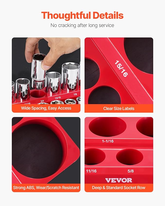VEVOR Magnetic Socket Organizer Set, 3PCS Magnetic Socket Holder, 1/4'', 3/8'' & 1/2'' SAE Socket Trays with Clear Labels, Hold up to 68PCS Standard & Deep Sockets, Red (Sockets Not Included)