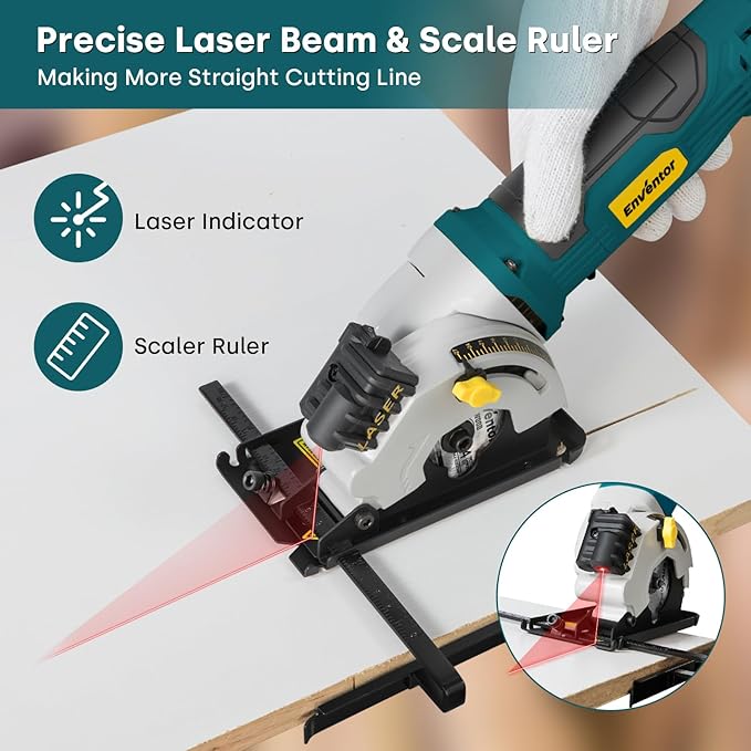 Enventor Mini Circular Saw, 4.8A Electric Circular Saws Corded with Laser Guide, 4000RPM, 3 Saw Blades 3-3/8" Max Cutting Depth 1-1/16", Compact, Power for Wood, Soft Metal, Tile, Plastic