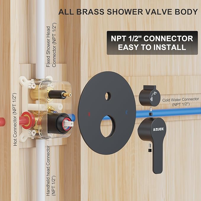 KOJOX Shower System- High Pressure Shower Head- 3 Setting Headheld Shower Head Fixtures- Shower Valve Included (Matte Black)