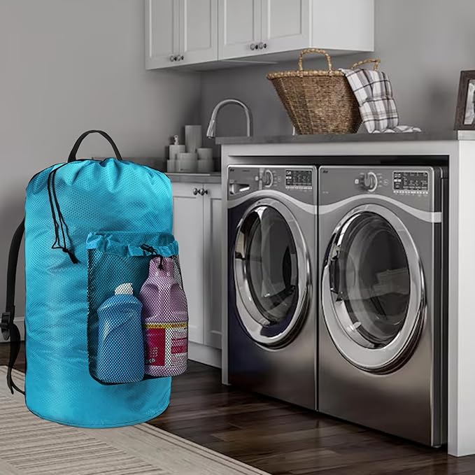 Laundry Bag with Shoulder Straps and Mesh Pocket Laundry Backpack Large Portable Laundry Hamper for College Laundromat Apartment