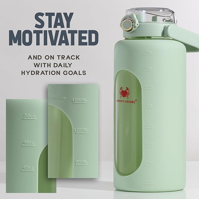 Leakproof 64 oz glass water bottle with Time Markers - Green Large Water Bottle with Measurements - Pregnancy Water Bottle Tracker - Half Gallon Water Bottle with Straw, 2 liter Water Bottle Glass