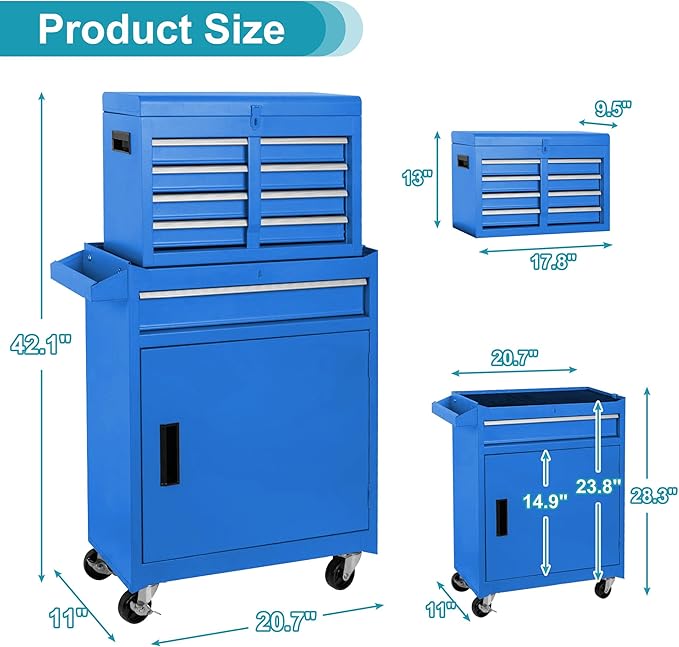 Tool Chest 5 Drawers Garage Storage Cabinet 2 in 1 Steel Frame Tool Chest with Wheels, Protective Liner, Detachable Top and Adjustable Shelf, Tool Box for Garage Workshop, Blue