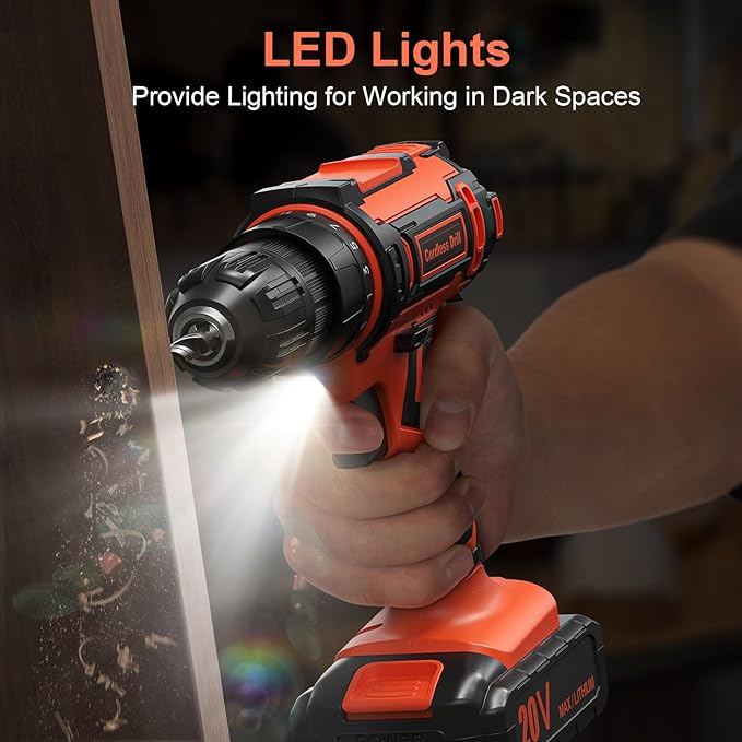 Cordless Drill Set, 20V Power Drill with Power Pack 2.0Ah and Charger, 3/8-Inch Keyless Chuck Electric drill, 25+1 Position, 42pcs Drilldriver Bits/Screws for DIY Projects (Orange)