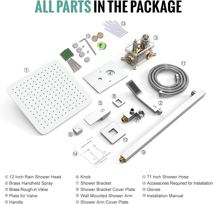 SR SUN RISE SRSH-D1203 12 Inches Bathroom Luxury Rain Mixer Shower Combo Set Wall Mounted Rainfall Shower Head System Polished Chrome Shower Faucet Rough-in Valve Body and Trim Included