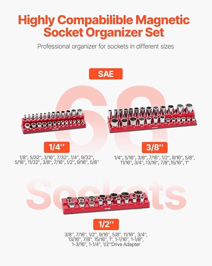 VEVOR Magnetic Socket Organizer Set, 3PCS Magnetic Socket Holder, 1/4'', 3/8'' & 1/2'' SAE Socket Trays with Clear Labels, Hold up to 68PCS Standard & Deep Sockets, Red (Sockets Not Included)