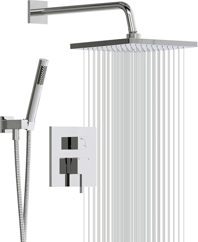 Esnbia Shower Faucet Set, Rain Shower System with Valve, 10 Inches Shower Heads with Handheld Spray Combo, Wall Mounted Shower Fixtures, Chrome