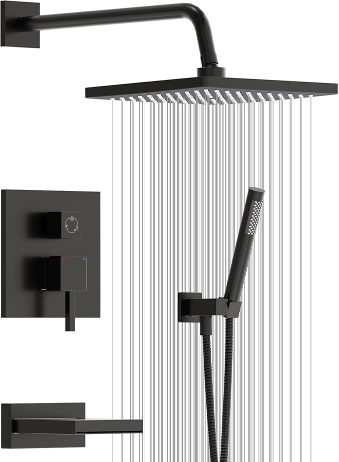 Esnbia Shower System with Tub Spout,Black Bathtub Shower Faucet Set,10 Inches Rain Shower Heads with Handheld Spary Combo, Tub Shower Kit with 3-Way Shower Valve, Matte Black