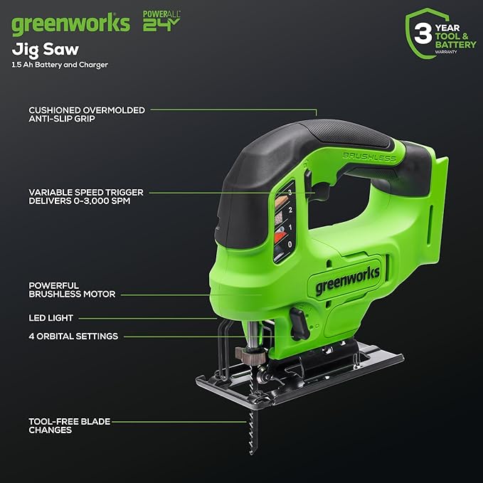 Greenworks 24V Brushless Cordless 1" Jig Saw (3,000 SPM / 4 Settings/Bevel 0°-45°/ LED Light), 1.5Ah Battery and Fast Charger Included