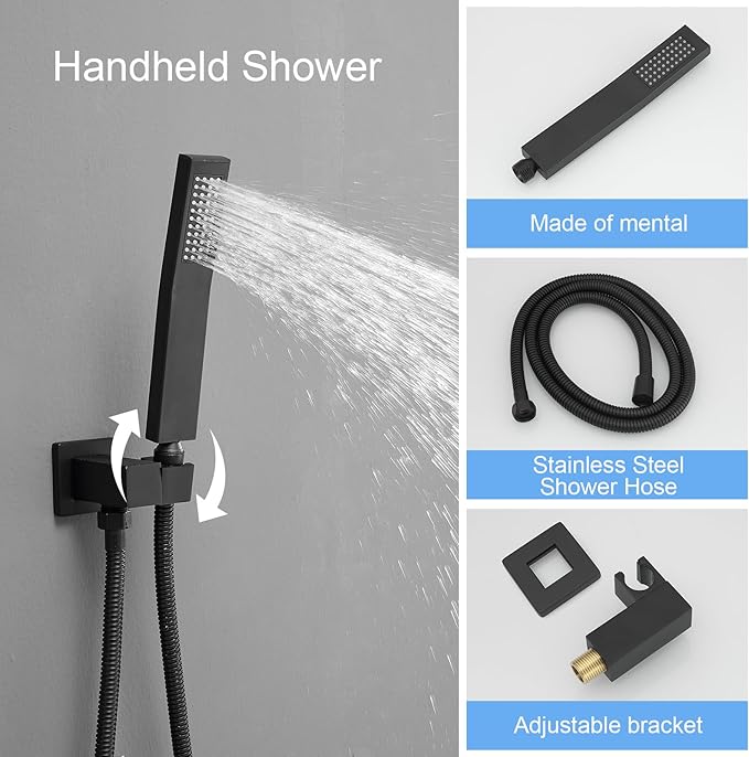 BWE Black Shower System with Body Jets,10 Inch Rain Shower Head with 6 Body Spray Jets and Handheld Shower,Wall Mounted Shower Faucet Set,Rough-in Mixer Valve and Trim Included
