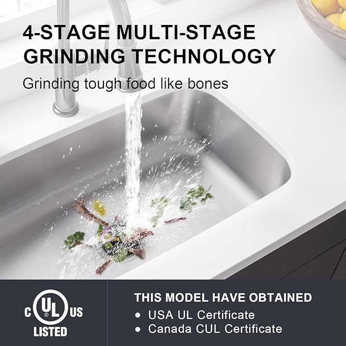 Garbage Disposal 1 HP Ultra Quiet Anti-Jam Grinding System Continuous Feed Food Waste Disposer with Power Cord Easy install, AC Motor Stainless Steel Grind 1 Horsepower (MAX-6)