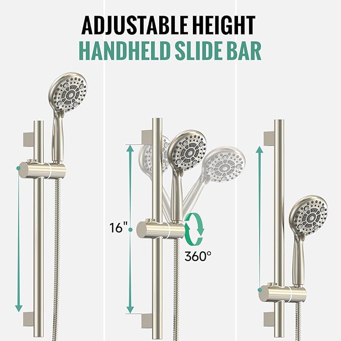 SR SUN RISE 12 Inch Rain Shower System, High Pressure Shower Heads and Handheld 6-Spray Combo Set Slide Bar Shower Faucets Sets Complete Included Valve and Trim Kit for Bathroom, Brushed Nickel