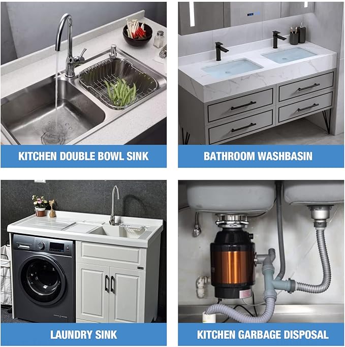 NiHome Expandable Flexible 1 1/2" or 1 1/4" P-Trap Pipe for Double Kitchen Sink, with Adapter Sealing Ring Tape Drain Tubing Pipe Kit for Kitchen Sink Drain & Garbage Disposal (Grey)