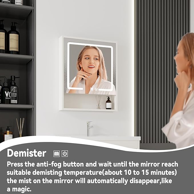 28'' Bathroom Vanity with Ceramic Sink Combo and Medicine Cabinet Mirror with Led Light/Defog, Wall Mounted Small Bathroom Vanity with Soft-Close Door Modern Floating Cabinet, Khaki(No Faucet)