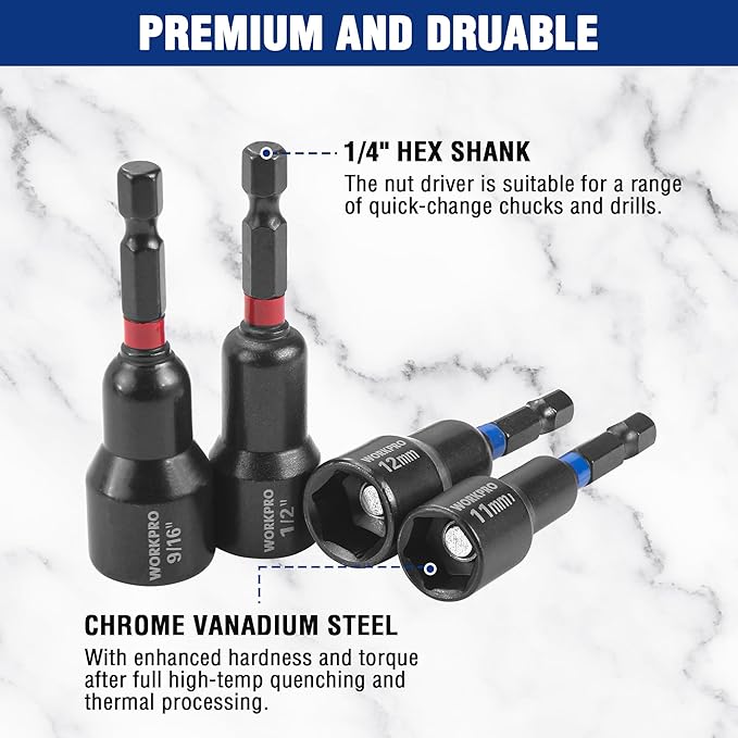 WORKPRO 27 PCS Magnetic Nut Driver Set, Impact Drill Driver Bit 1/4" Hex Shank, SAE & Metric Cr-V Steel Power Nut Drivers with Quick-release Extensions, Impact Socket Adapters, Bit Holder and Toolbox