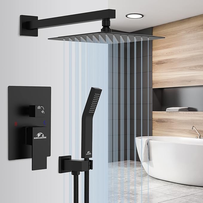 SunCleanse Shower System Rainfall Shower Faucets Set Matte Black, 10 Inch Wall Mounted Rain Shower Head with Handheld Spray Shower Valve and Trim Included