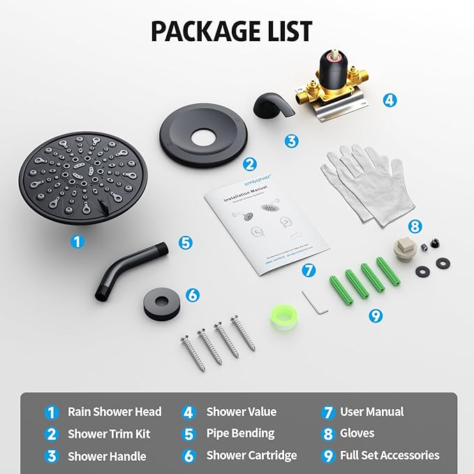 EMBATHER Shower Faucet with Valve, Single Handle Control Shower Valve and Trim Kit, Bathroom Rainfall Shower System with 6 Inch Shower Head, Matte Black