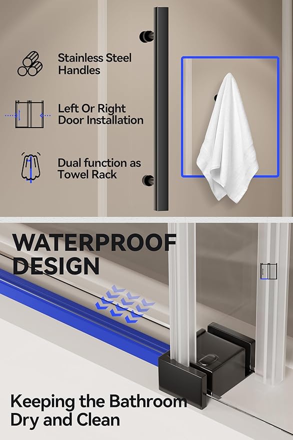 56"-60" W X 59" H Frameless Glass Sliding Tub Door,Soft-Close Bathroom Tub with 5/16"(8mm) Clear Tempered Glass,Explosion-Proof Film,Thick Bathtub Doors,Endurance,Modern Shower Door,Black