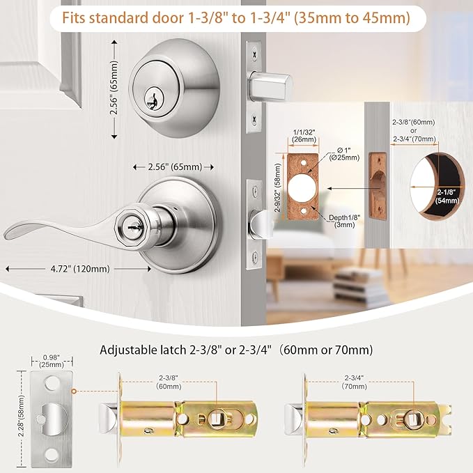 Probrico Exterior Door Lock Set with Deadbolt, Satin Nickel Front Door Lock Keyed Alike, Entry Door Lever Single Cylinder, 6 Sets