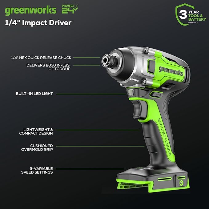 Greenworks 24V Brushless Cordless Impact Driver Kit, 2650in./lbs Torque, Variable Speed-Battery and Charger Sold Separately, Green