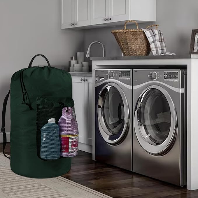 Laundry Bag with Shoulder Straps and Mesh Pocket Laundry Backpack Large Portable Laundry Hamper for College Laundromat Apartment (Green)
