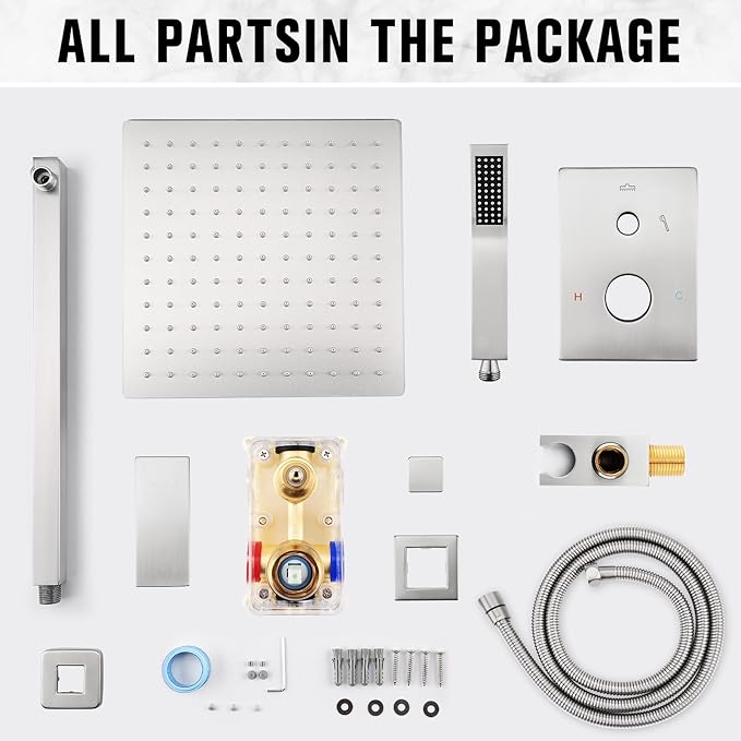 12 Inch Rainfall Shower System - Wall Mounted Complete Combo with Solid Brass Pressure Balancing Valve, High Pressure Shower Head, Handle Set & Installation Accessories Nickel