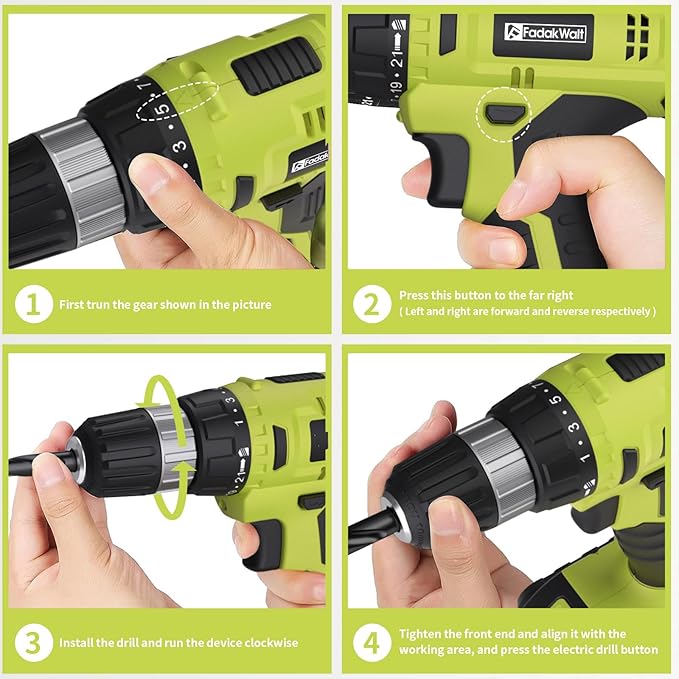 Cordless Drill Set, 20V Electric Power Drill with Battery And Charger, Torque 30N, 21+1 Torque Setting, 3/8-Inch Keyless Chuck, Drill Driver Bits Kit, with LED Electric Drill Set. (green)