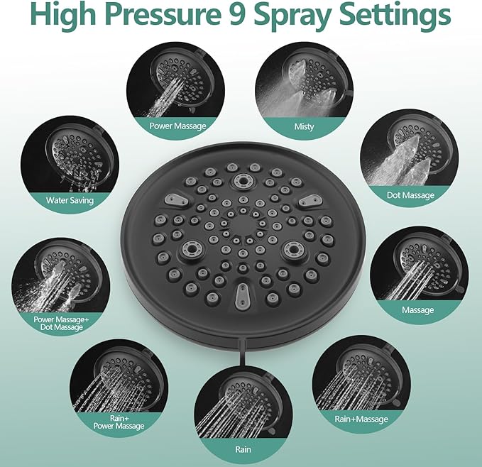 PROOX 3 Handle Tub Shower Faucet Set, 9-Setting Rainfall Shower Head with Tub and Shower Trim Kit with Rough-in Valve, Matte Black Bathtub Shower Faucets, Wall Mounted Bathroom Rain Shower System
