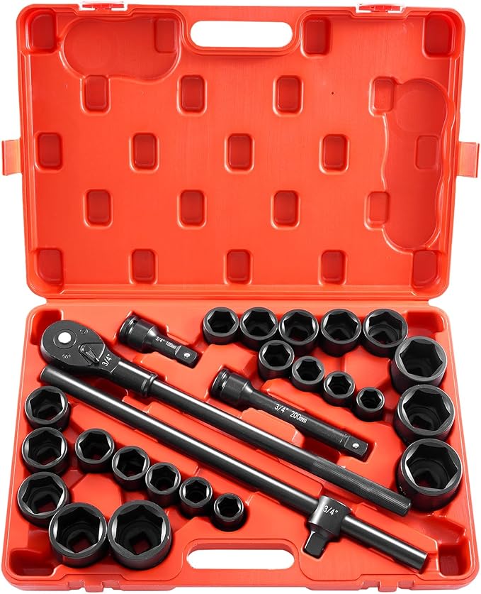 VEVOR Impact Socket Set, 3/4 Inches Socket Assortment, Drive Socket Set Impact Standard SAE (7/8 Inches to 2 Inches) & Metric Sizes (22 mm-50 mm), 27 Piece Standard Impact Sockets