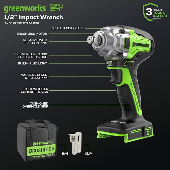 Greenworks 24V Brushless 1/2" Cordless Impact Wrench (3 Speed / 300 ft.-lbs. / LED Light), 4.0Ah Battery and Compact Charger Included