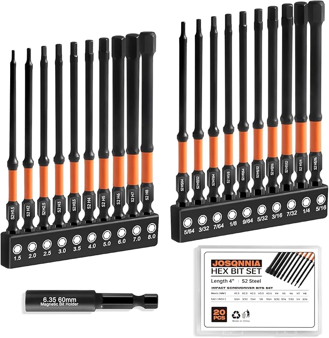 Allen Wrench Drill Bit Set for Impact Drivers - 20 Piece 4" Long Hex Bits (Metric & SAE) with 1/4" Hex Shank, S2 Steel and Magnetism, Heavy-Duty CNC Machined Tips, Extension Socket and Storage Box