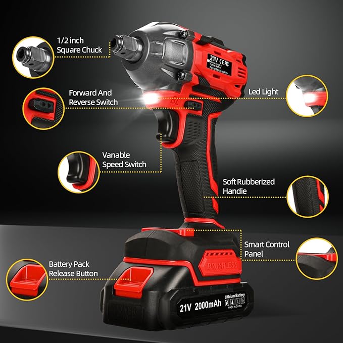 300N.m Cordless Impact Wrench, 21V Torque Power Impact Driver, 1/2" Brushless Impact Gun with 2*2.0Ah Batteries with 19 Accessories, Electric Impact Motor Variable Speeds for home installation (red)